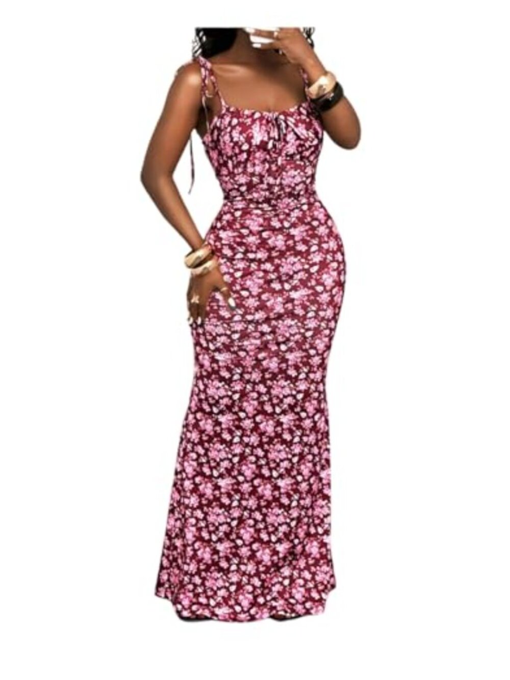 Women's Ditsy Floral Maxi Dress Tie Shoulder Square Neck Fishtail Bodycon